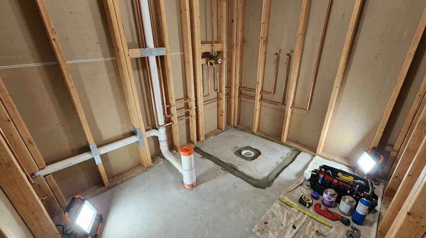 Bathroom rough-in plumbing during remodel by Johns Plumbing LLC in Robbins