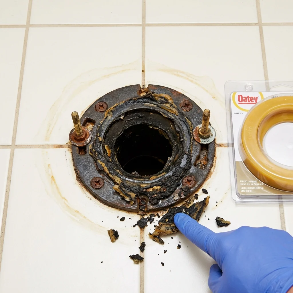 Failed wax ring showing water seepage at the base of a toilet in a Robbins, NC home