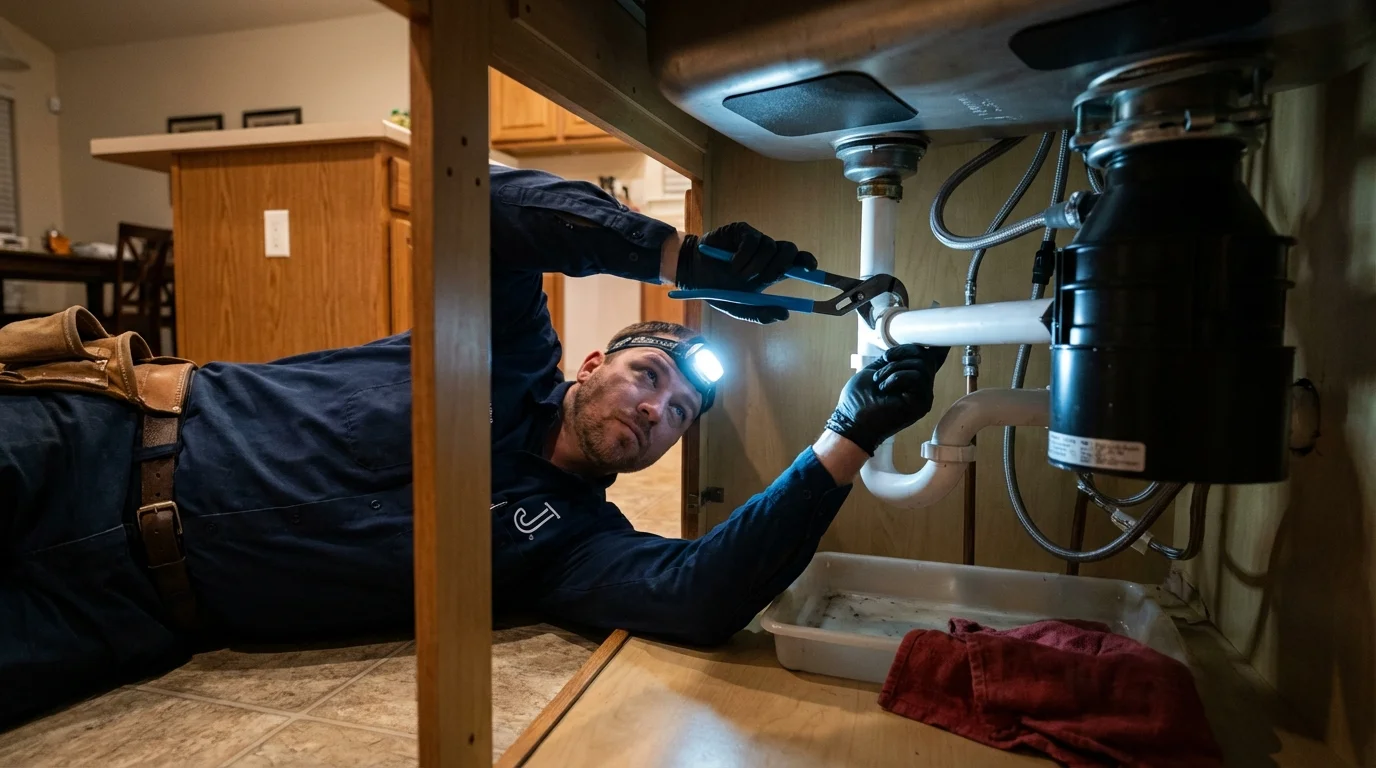 P-trap and supply line connections under a kitchen sink showing a common leak point in Robbins, NC